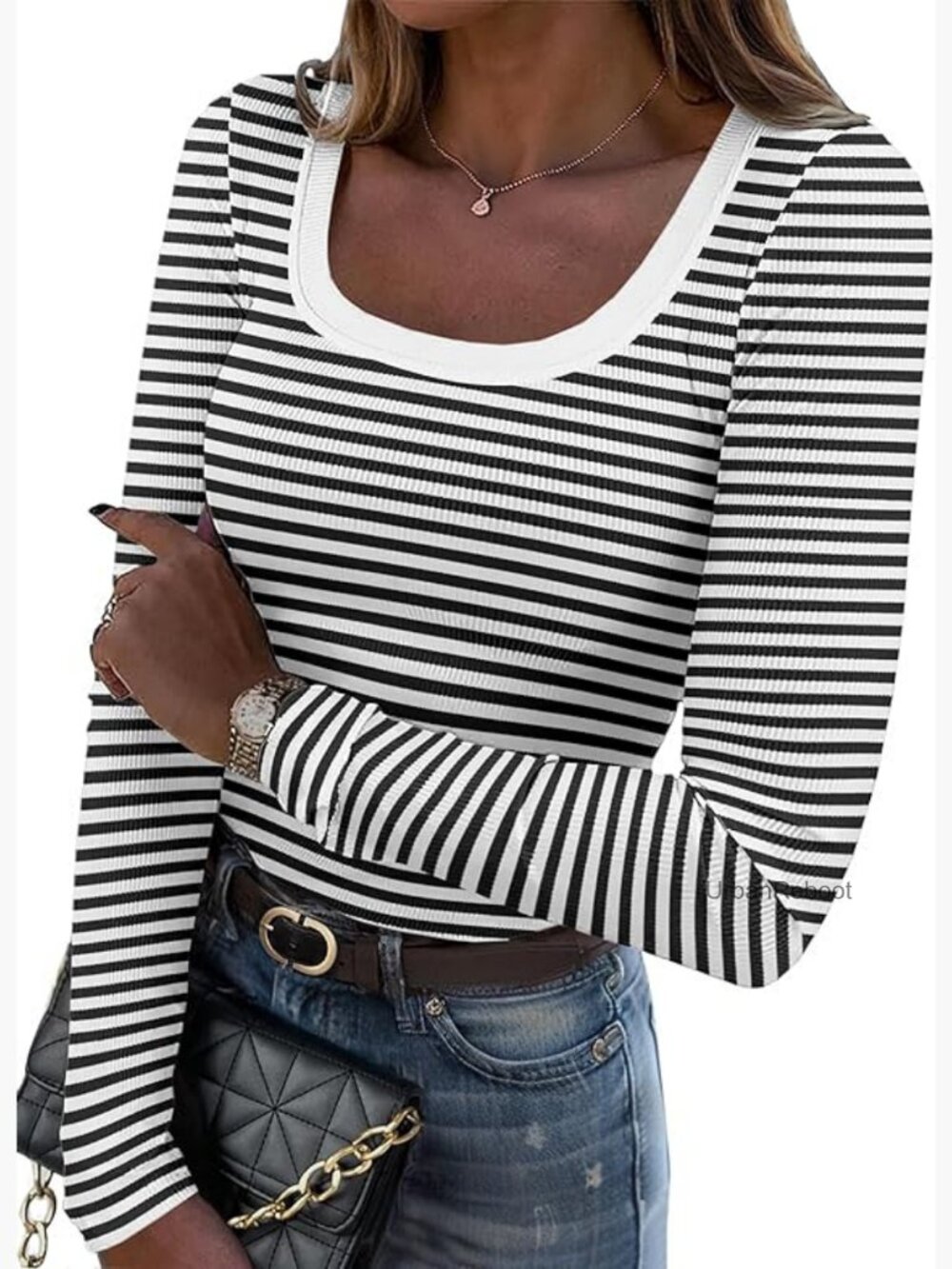 Long Sleeve Rib Knit Scoop Neck Tee - Slim Fit Basic Work Top